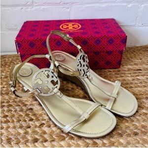 Tory Burch Metallic Gold Logo Miller T-Strap Sandals